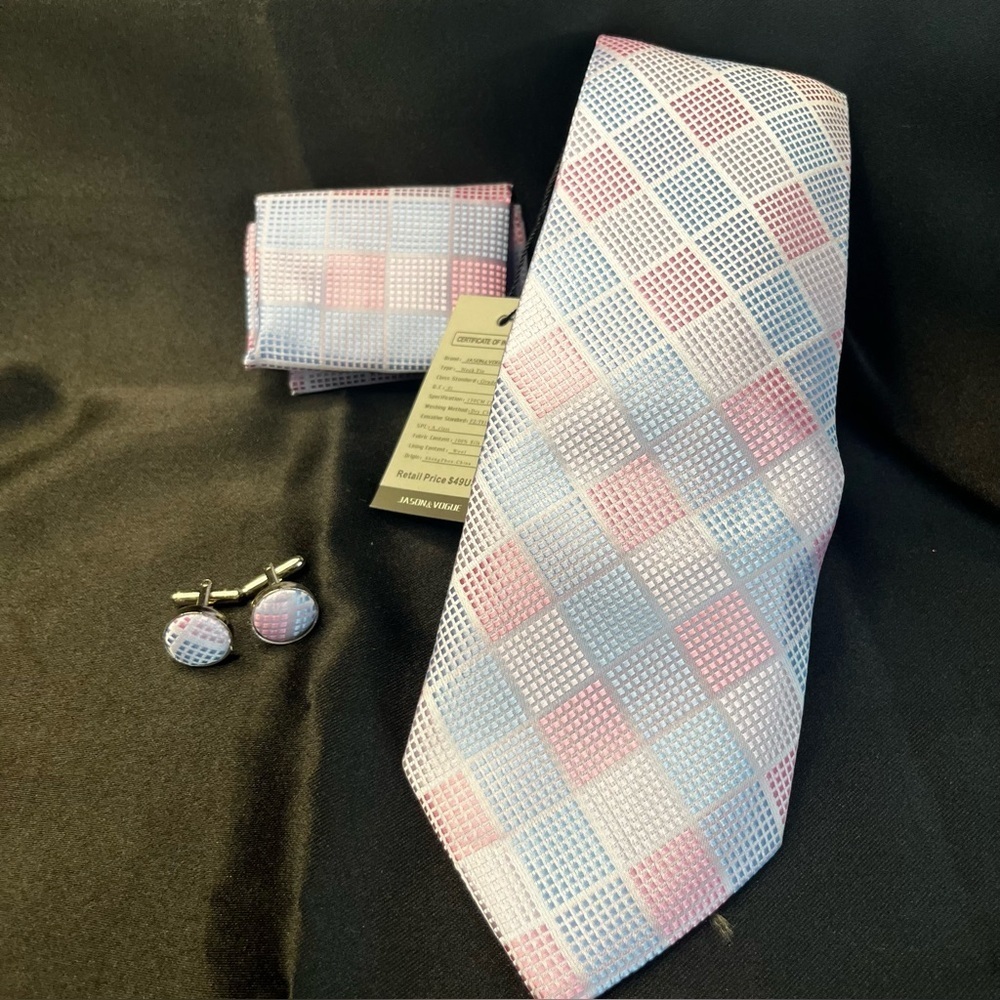 NWT- Silk Pink & Light Blue Check Tie Set with Cufflinks - Picture 4 of 4